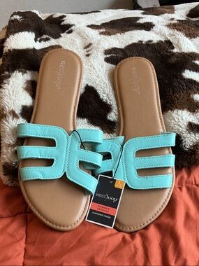 west loop Aqua-Turquoise Open Cut Slide Sandals